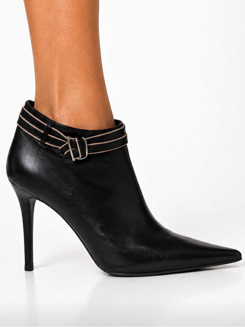 STUDIO POLLINI Black Leather Pointed Toe Stiletto Buckle Strap Pumps EU37.7